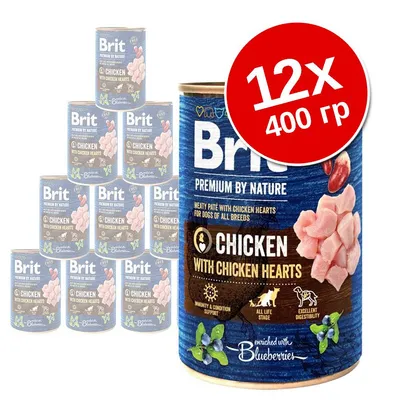 Brit Premium by Nature Chicken with Chicken Hearts, 12×400 г. Консервы для собак с курицей и куриными сердцами, изображены банки с надписями на английском языке. Brit Premium by Nature Chicken with Chicken Hearts, 12×400 г. Консервы для собак с курицей и куриными сердцами, изображены банки с надписями на английском языке.