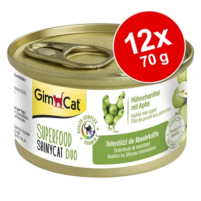 GimCat Superfood ShinyCat Duo, Hähnchenfilet mit Apfel, 12×70 g. Text på burken: Health Complex Vitamin C, gluten-free, premium quality, no sugar added, unterstützt die Abwehrkräfte.