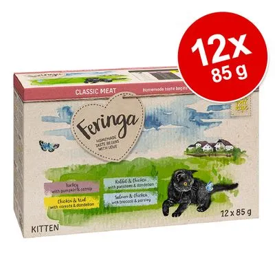 Feringa Classic Meat Kitten, lot de 12 x 85 g. Saveurs visibles : dinde avec potiron et cataire, poulet & veau avec carottes & pissenlit, lapin & poulet, saumon & poulet.