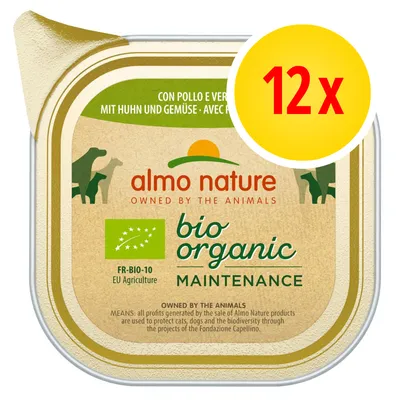 almo nature bio organic maintenance, ekologiskt certifikat FR-BIO-10 EU Agriculture, 12x. Text: con pollo e verdure, mit huhn und gemüse, avec poulet et légumes.