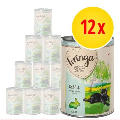 Feringa Rabbit with parsnips & catnip Adult, 12 x 400 g burkar våtfoder för katt. Stor gul cirkel med röd text: 12x. Feringa Rabbit with parsnips & catnip Adult, 12 x 400 g burkar våtfoder för katt. Stor gul cirkel med röd text: 12x.