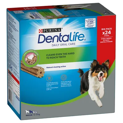 Purina Dentalife Daily Oral Care för medelstora hundar (12-25 kg), Big Pack med 24 sticks, naturlig rengöring, minskar tandsten och plack, utan artificiella tillsatser.
