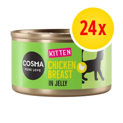 Cosma Pure Love Kitten Chicken Breast in Jelly, 24 pack shown on can label with silhouette of animal and chicken icon.