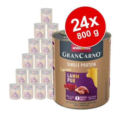 Pachet 24x800 g conserve Animonda GranCarno Single Protein Supreme Lamm Pur, etichetă vizibilă cu text: 100% frische Zutaten, 1 Protein Quelle, ohne Getreide ohne Gluten. Pachet 24x800 g conserve Animonda GranCarno Single Protein Supreme Lamm Pur, etichetă vizibilă cu text: 100% frische Zutaten, 1 Protein Quelle, ohne Getreide ohne Gluten.