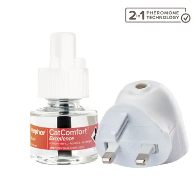 Pheromone diffuser kit with plug and refill bottle, featuring 2 in 1 pheromone technology as shown on the label and image text.