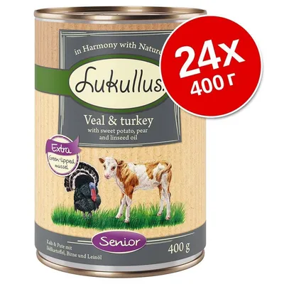 Консерва Lukullus Veal & turkey, Senior, 400 г. Пакет 24×400 г. Видими текстове: Extra Green-lipped mussel, with sweet potato, pear and linseed oil.