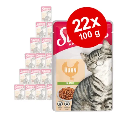 Pachet 22 x 100 g Schmusy Ragout cu pui în aspic pentru pisici, imaginea arată ambalajul cu text vizibil: 'mit HUHN', 'IN JELLY', 'getreidefrei', 'ohne zuckerzusatz'.