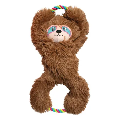 Plush toy in sloth shape with colourful rope handle at top and bottom, suitable for tug and throw games.
