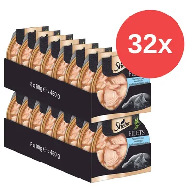 Sheba Filets, nachhaltiger Weißfisch, 32x 60g = 1920g. Verpackung mit Katzenmotiv. Sheba Filets, nachhaltiger Weißfisch, 32x 60g = 1920g. Verpackung mit Katzenmotiv.