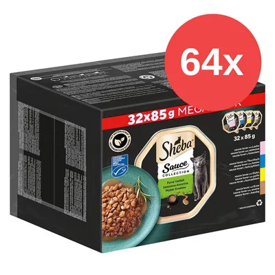 Sheba Sauce Collection, Mega-Pack mit 32x85g. Feine Vielfalt an Saucen mit Lachs, Thunfisch, Huhn und Ente. MSC-zertifiziert, recyclingfähig.