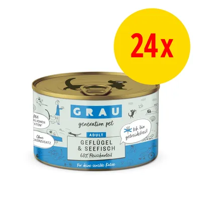 GRAU generation pet Adult Geflügel & Seefisch 68% Fleischanteil, burk med texten 'Ich bin getreidefrei!' och '24x' i gul cirkel. Text på tyska.