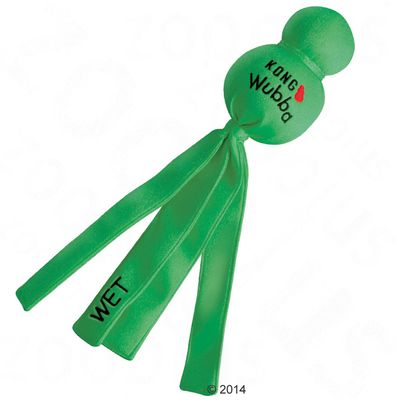 KONG Wubba WET hondenspeelgoed, groen met merknaam en het woord 'WET' zichtbaar op de stofstroken.