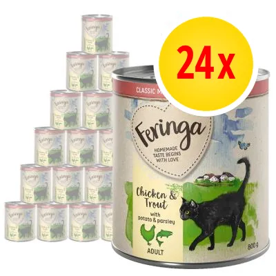 Pack of 24 Feringa tins, Chicken and Trout with potato and parsley, adult formula, 800g each. Label shows product name and key ingredients.