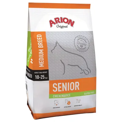 ARION Original Medium Breed Senior Chicken & Rice, gluten-free. Til voksne hunde 10–25 kg. Tekst: Heart support, optimal weight, improved mobility. Premium Quality Product.