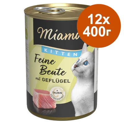Консерва Miamor Kitten Feine Beute mit Geflügel, изображение на коте, парче месо, надпис: 12x400г, +Taurin, Getreidefrei. Текстът е на немски.