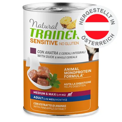 Natural Trainer Sensitive No Gluten mit Ente und Vollkorn, Monoprotein-Formel, Ananasextrakt, hilft der Verdauung, Medium & Maxi Adult, hergestellt in Österreich. Natural Trainer Sensitive No Gluten mit Ente und Vollkorn, Monoprotein-Formel, Ananasextrakt, hilft der Verdauung, Medium & Maxi Adult, hergestellt in Österreich.