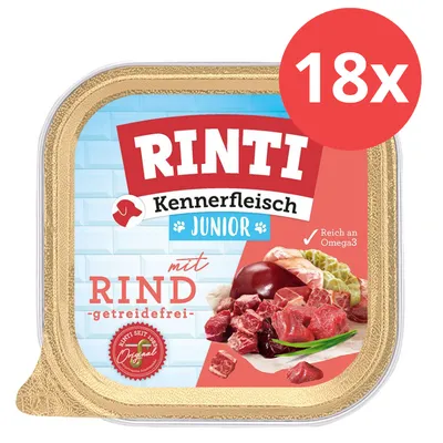 RINTI Kennerfleisch Junior mit Rind, getreidefrei, reich an Omega3. Packung zeigt frisches Fleisch und Zutaten. 18x Portionen. RINTI Kennerfleisch Junior mit Rind, getreidefrei, reich an Omega3. Packung zeigt frisches Fleisch und Zutaten. 18x Portionen.