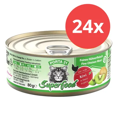 Porta 21 Superfood Katzenfutter, feines Hühnerfleisch mit Kiwi in Sauce, 80g Dose, Multipack 24x. Fütterungshinweise für Kitten und Erwachsene auf der Verpackung.