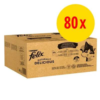Purina Felix Naturally Delicious, sélection campagnarde avec légumes en gelée, 80 sachets. 100 % complet et équilibré, sans colorants artificiels. Purina Felix Naturally Delicious, sélection campagnarde avec légumes en gelée, 80 sachets. 100 % complet et équilibré, sans colorants artificiels.