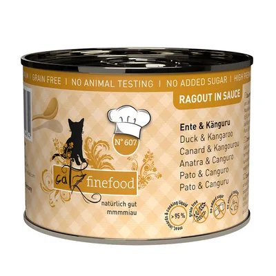 Boîte catz finefood N°607, ragout in sauce, canard & kangourou. Mentions visibles : sans céréales, sans sucre ajouté, pas de tests sur animaux, 95 % viande et jus de cuisson.