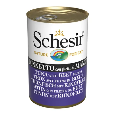 Schesir Nature for Cat, thon avec filets de bœuf. Texte multilingue sur la boîte : TUNA with BEEF FILLETS, THON avec filets de BŒUF, THUNFISCH mit RINDFILET.