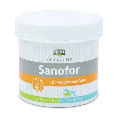 Pot de complément alimentaire grau Animal Care Sanofor, texte visible : für Magen und Darm, ERGÄNZUNGSFUTTERMITTEL, illustration d’un estomac et silhouettes de chien et chat.