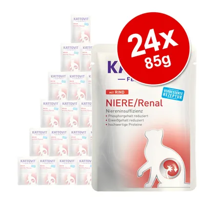 Kattovit NIERE/Renal mit Rind cat food, 24 x 85g pouches. Visible text: Niereninsuffizienz, Phosphorgehalt reduziert, Eiweißgehalt reduziert, hochwertige Proteine, verbesserte Rezeptur.