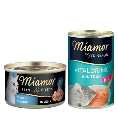 Miamor Kombi-Paket: Feine Filets 12 x 100 g + Trinkfein Vitaldrink 6 x 135 ml - Feine Filets Thunfisch & Shrimps + Vitaldrink mit Thunfisch