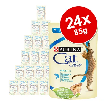 Purina Cat Chow Adult 1+ natvoer multipack, verpakking met 24 zakjes à 85g. Tekst: met zalm en sperziebonen. Afbeelding van kat op de verpakking.