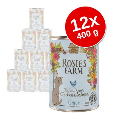 Rosie’s Farm Tender Dinner Chicken & Salmon Senior, 12 puszek po 400 g. Widoczna ilustracja kota i kurczaka na opakowaniu. Przepis bez zbóż.