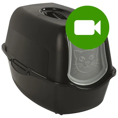 Przycisk odtwarzania wideo. Kliknij tutaj, aby obejrzeć film prezentujący zamkniętą kuwetę dla kota z przezroczystymi drzwiczkami z wizerunkiem kota.