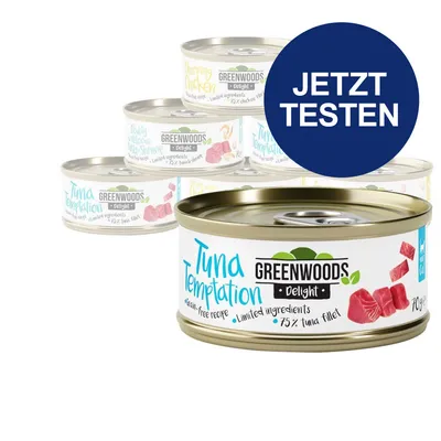Greenwoods Delight Katzenfutter, Sorte Tuna Temptation mit 75% Thunfischfilet. Getreidefreie Rezeptur, limitierte Zutaten. Jetzt testen.