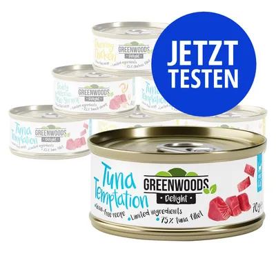 Greenwoods Delight Dosen: Tuna Temptation, Charming Chicken, Baby Delicious Tuna Shrimp. Aufschrift: grain-free recipe, limited ingredients, 75% tuna fillet. JETZT TESTEN.