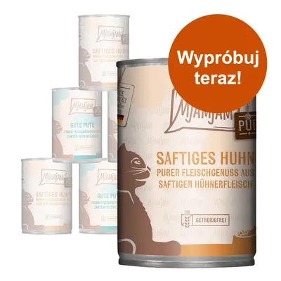 Puszki MjAMjAM Saftiges Huhn i Gute Pute z widocznym napisem na okręgu: Wypróbuj teraz! Tekst na puszkach w języku niemieckim. Puszki MjAMjAM Saftiges Huhn i Gute Pute z widocznym napisem na okręgu: Wypróbuj teraz! Tekst na puszkach w języku niemieckim.