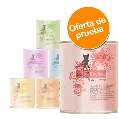 Latas de comida para gatos Catz finefood en varios colores y variedades, texto visible: 'Oferta de prueba' en círculo naranja. Lata principal variedad N° 3 Geflügel. Latas de comida para gatos Catz finefood en varios colores y variedades, texto visible: 'Oferta de prueba' en círculo naranja. Lata principal variedad N° 3 Geflügel.