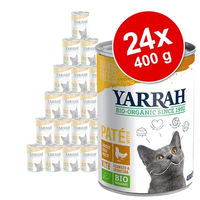 Yarrah Paté with Chicken, Seaweed & Spirulina -kissanruoka, 24 x 400 g. Tekstit: BIO ORGANIC, GRAIN FREE RECIPE, kuva harmaasta kissasta tölkin etiketissä.