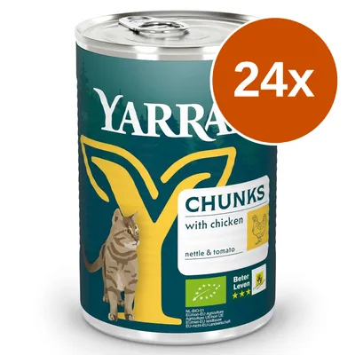YARRA Chunks with chicken, nettle & tomato, 24x. NL-BIO-01, Beter Leven 3 hvězdy, zelený certifikát EU. Ilustrace kočky a kuřete na obalu.