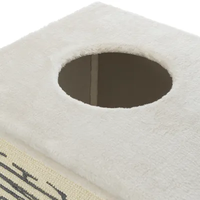 Cube recouvert de tissu beige avec ouverture ronde sur le dessus, surface latérale en sisal visible. Aucun texte ou marque apparente.