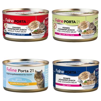 Feline Porta 21, Ganzes Thunfischfleisch mit Surimi, ohne Zuckerzusatz. Ergänzungsfutter für Katzen. Packung enthält 24 Dosen.