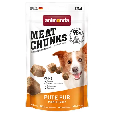 Animonda Meat Chunks Pute Pur, varsamt lufttorkad, 98 % monoprotein. Utan spannmål, smakförstärkare, tillsatt socker, tillsatt soja. Made in Germany. Storlek: Small.