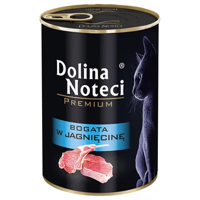 Dolina Noteci Premium, богато на агнешко месо. Изображение на консерва с черен дизайн и профил на котка.