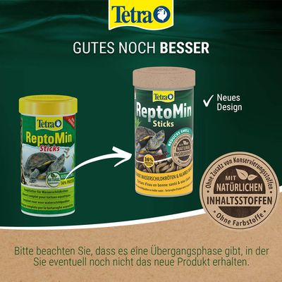 Tetra ReptoMin Sticks mit neuem Design, 36% Protein, natürliche Inhaltsstoffe, ohne Zusatz von Konservierungsstoffen und Farbstoffen. Hinweis: Übergangsphase zu neuer Verpackung.