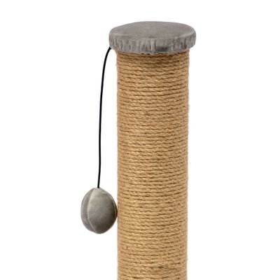 Kaparófa szizáloszlopokkal, szürke szövethuzattal és lógó játéklabdával.