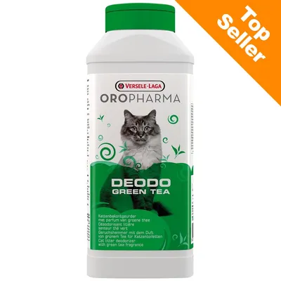 Versele-Laga Oropharma Deodo Green Tea, deodorante per lettiera di gatto con profumo di tè verde. Etichetta multilingue e scritta Top Seller in alto a destra.