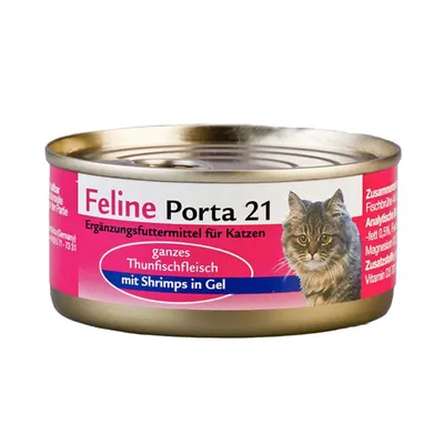 Feline Porta 21, karma uzupełniająca dla kotów, całe mięso z tuńczyka z krewetkami w galarecie. Widoczny obraz kota na etykiecie.