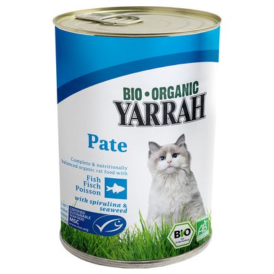 Yarrah BIO ORGANIC Pate kattemad med fisk, spirulina og tang. MSC-certificeret, tekst på engelsk: Complete & nutritionally balanced organic cat food with Fish, Fisch, Poisson.