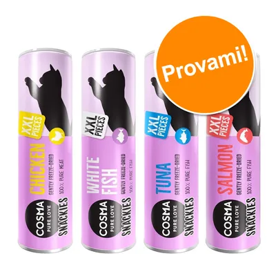 Cosma Pure Love Snackies XXL Pieces: Chicken, White Fish, Tuna, Salmon. Testo visibile: 'Provami!'. 100% pure meat o fish, gently freeze-dried.