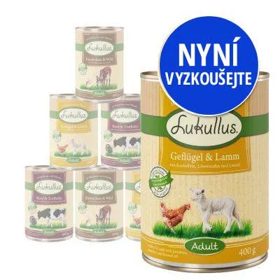 Konzervy Lukullus Adult, různé varianty. Velká konzerva s textem 'Geflügel & Lamm', obrázek slepice a jehněte. Modrý kruh: NYNÍ VYZKOUŠEJTE. Konzervy Lukullus Adult, různé varianty. Velká konzerva s textem 'Geflügel & Lamm', obrázek slepice a jehněte. Modrý kruh: NYNÍ VYZKOUŠEJTE.