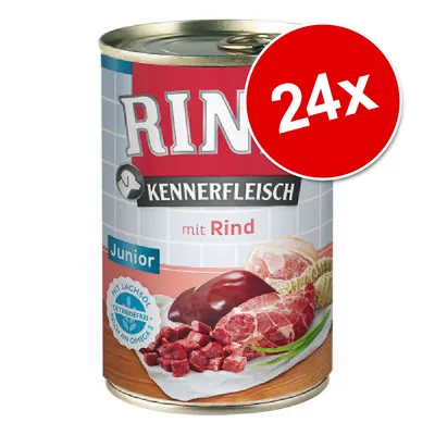 Conservă Kennerfleisch mit Rind Junior, etichetă cu carne de vită și organe, inscripție 24x pe fundal roșu. Text suplimentar: für wachsende Ostereier, reich an Omega-3.