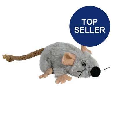 Graues Plüschspielzeug in Mausform mit geflochtenem Schwanz. Blauer Kreis mit weißer Aufschrift 'Top Seller'. Graues Plüschspielzeug in Mausform mit geflochtenem Schwanz. Blauer Kreis mit weißer Aufschrift 'Top Seller'.